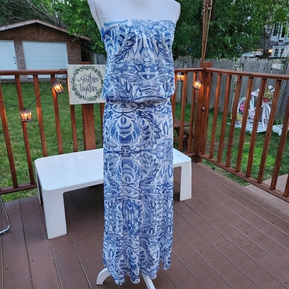 CYNTHIA ROWLEY blue floral print strapless Maxi mesh dress size S - Picture 4 of 15